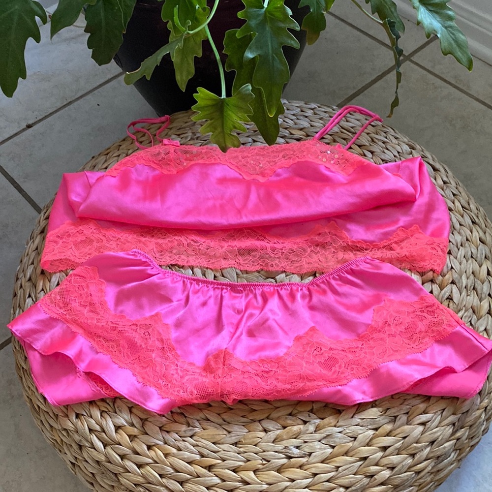VICTORIA SECRET Neon Pink Two Piece Satin tank and shorts